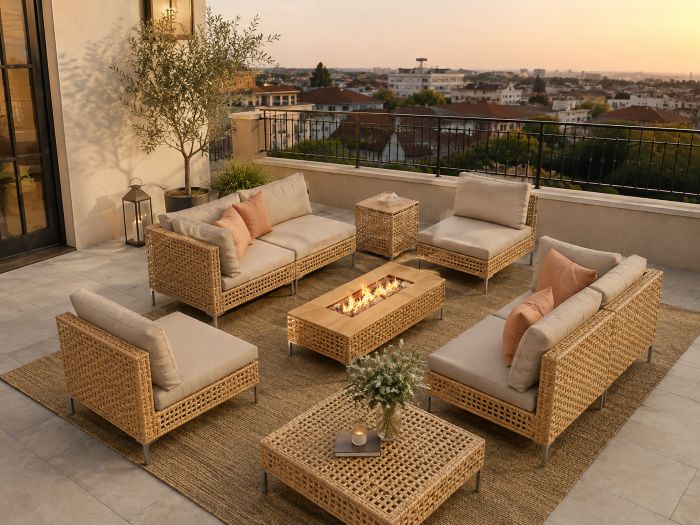 Cozy Woven Rattan Outdoor Seating with a Modern Fire Pit Table