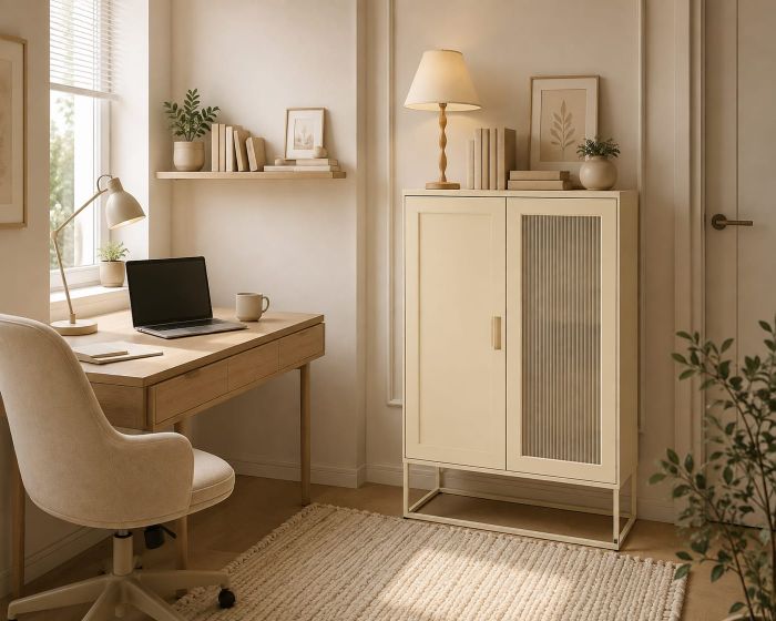 Beige Fluted Storage Cabinet for Office Corner