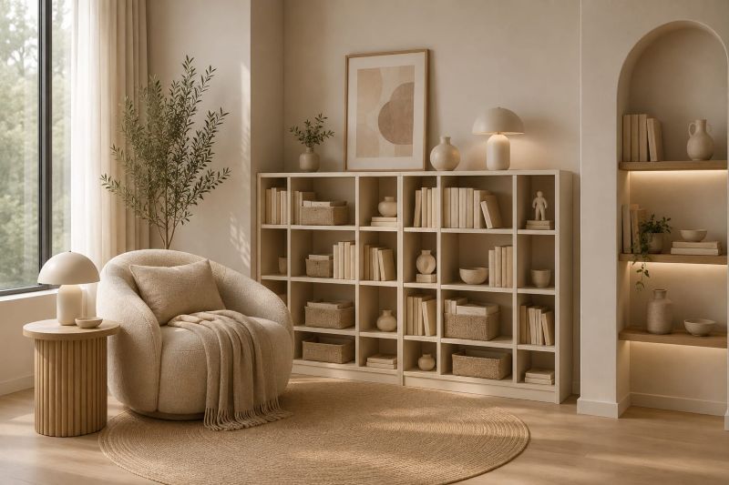 Cubby Bookshelf with Cozy Boucle Chair Nook