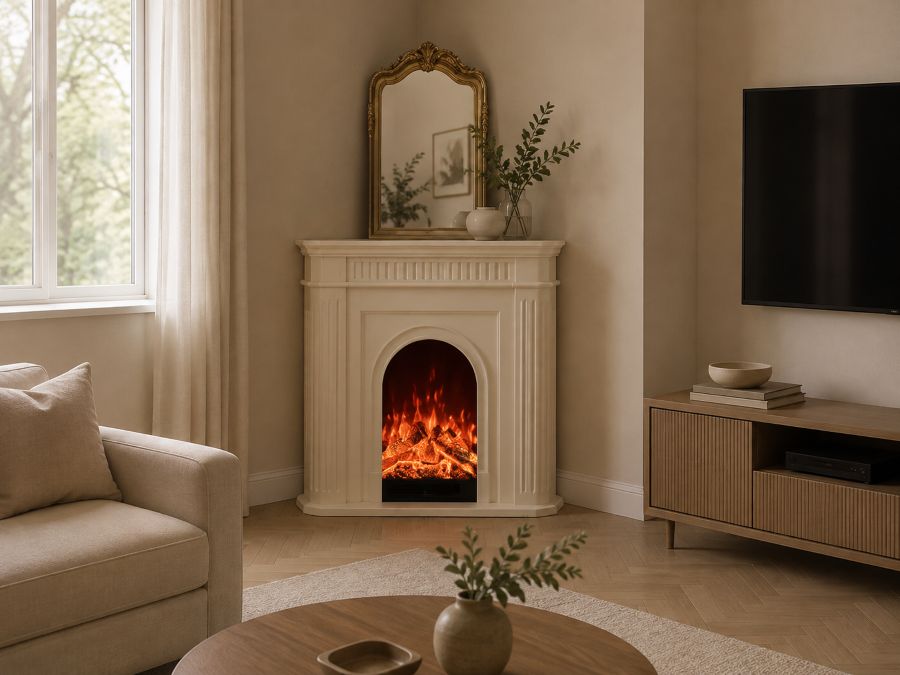 Elegant Corner Fireplace Mantel for a Cozy Beige Living Room