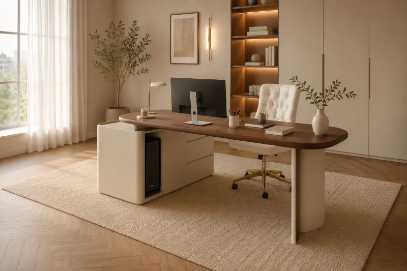Executive Desk with Built-In Storage Cabinet for modern Beige home Office