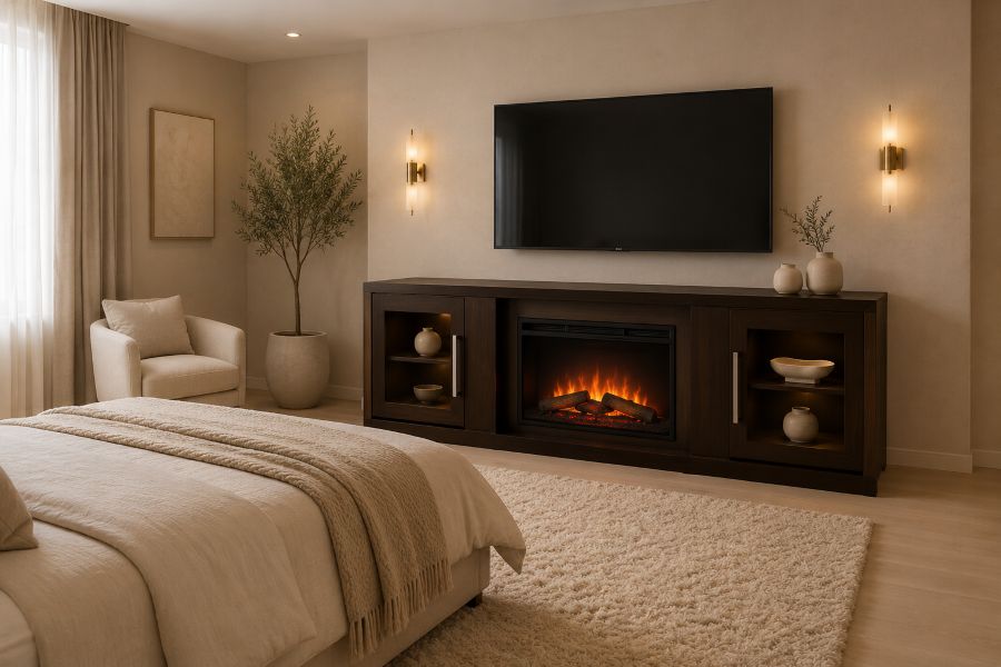 Modern dark wood fireplace mantel with TV and storage
