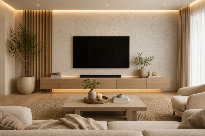 Floating oak console with speckled beige wallpaper design 