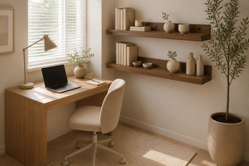 modern beige floating walnut shelves for beige home office decor ideas