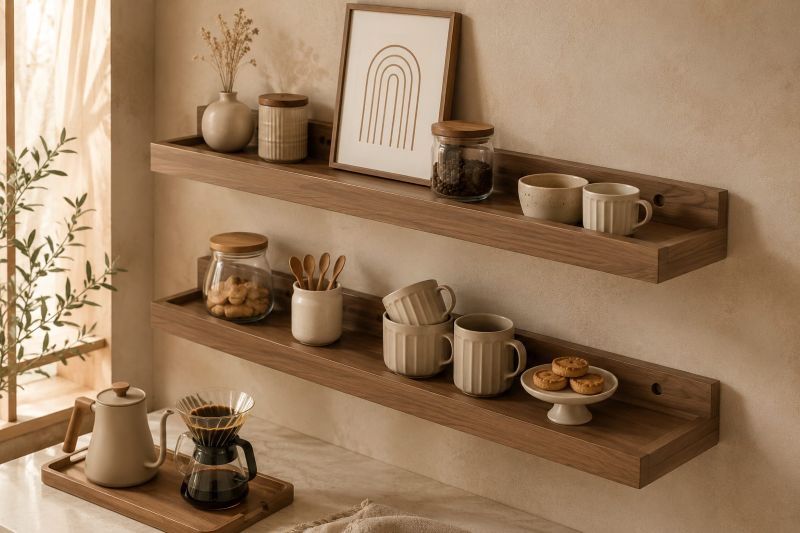 Modern beige home decor with space solution ideas with floating shelves