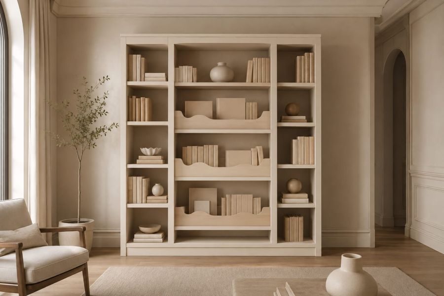 Floor to ceiling shelf with wavy ledges