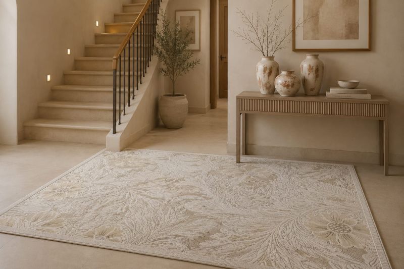 Ground the Space with a Floral Rug for beige staircase decor