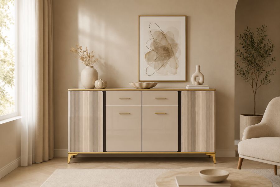 Fluted Beige Cabinets ideas with Brass Details