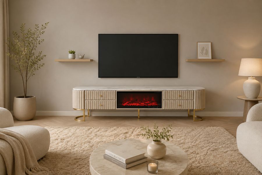 Fluted fireplace TV console for modern interior
