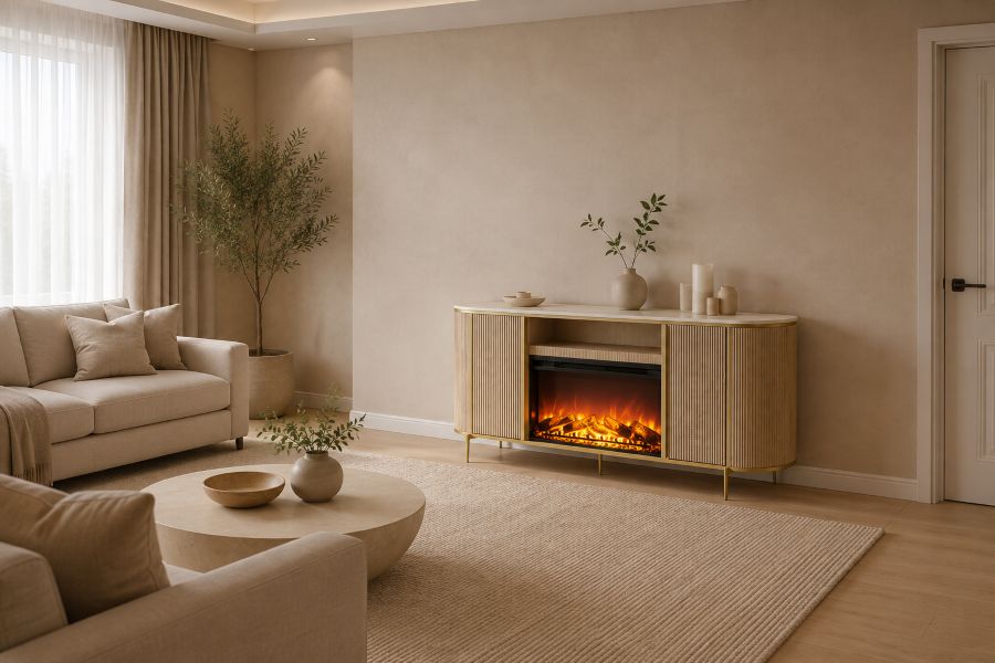fluted fireplace media console for modern interior