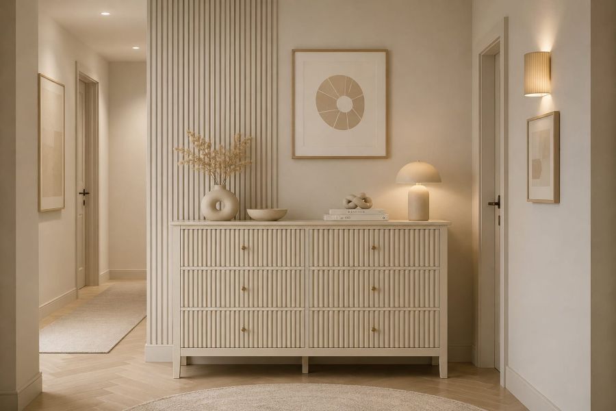 Fluted Ivory Six-Drawer Cabinet for a Hallway