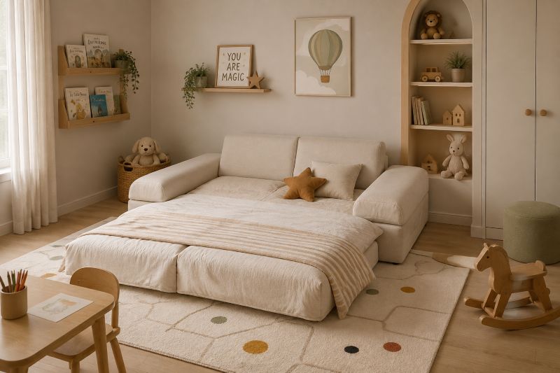 Foldable Sofa Bed for Kids' Bedroom in beige