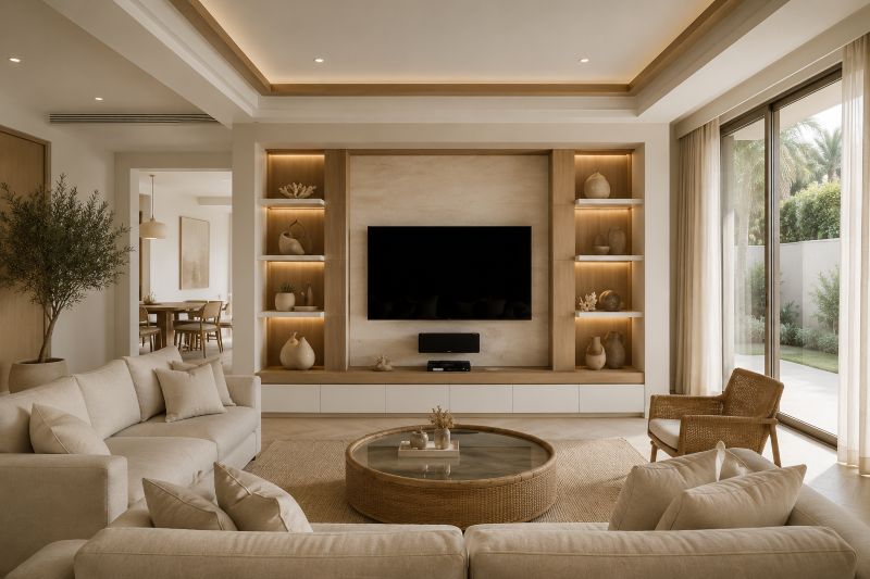 Framed TV niche with open wooden display shelves
