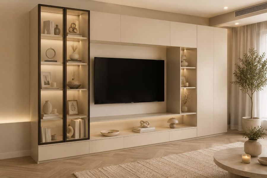 Full-Wall Beige TV Cabinets with Glass Towers