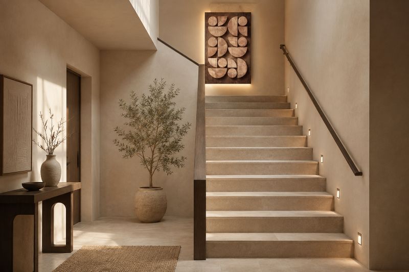  Use Geometric Wooden Wall Art for modern beige staircase decor ideas