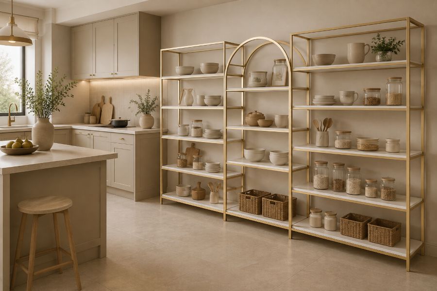 beige kitchen decor with gold pantry shelving
