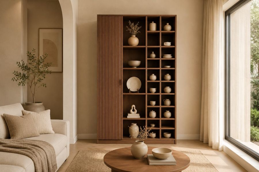 Modern Beige Interior with Grid-Shelf Wood Cabinet with Fluted Door