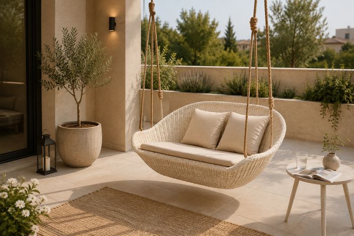 Hanging Woven Basket Swing Chair for modern beige terrace furniture ideas