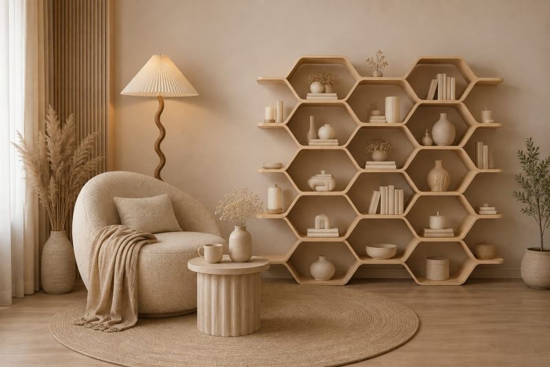 Modern reading nook with honey comb shelving with boucle chair reading nook  