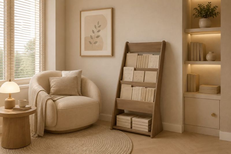 Ladder Book Rack with Curved Boucle Chair Nook with essentials