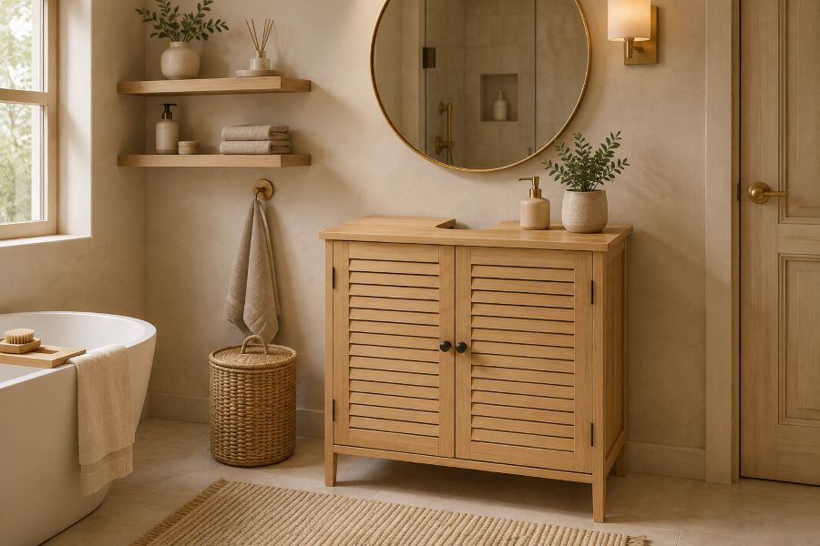 Modern bathroom wooden cabinet for neutral home decor