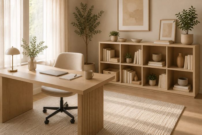 Low Wood Bookshelf Console for Beige Office Storage