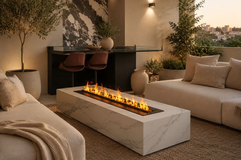 Marble fire table for outdoor living space