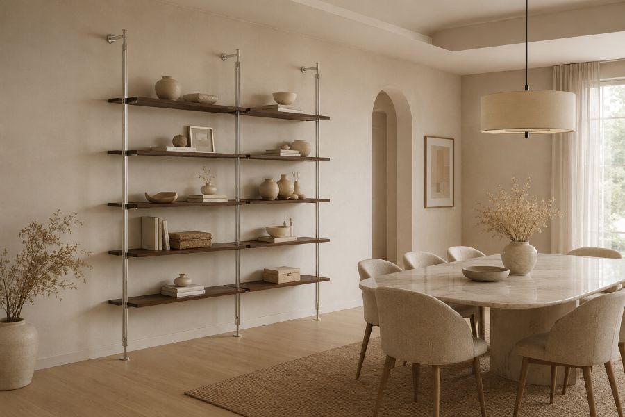 Metal framed wall mounted shelving in beige dining room