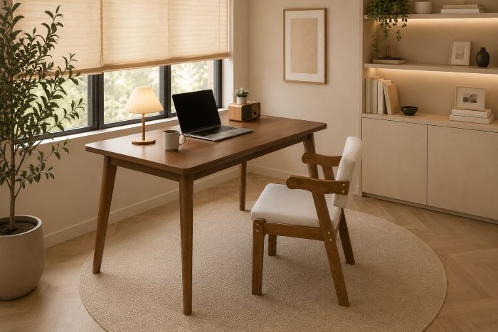 Mid-Century Walnut Desk with Wood Frame Chair