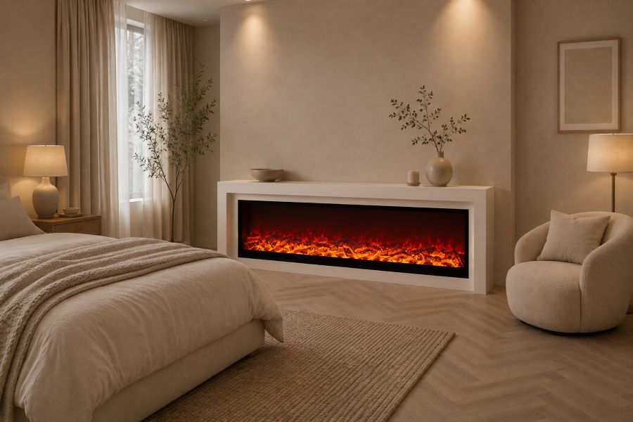 Minimal linear bedroom fireplace Mantel