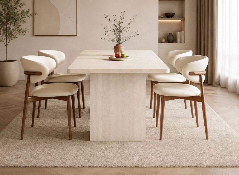 Minimalist stone pedestal dining room set with beige chairs