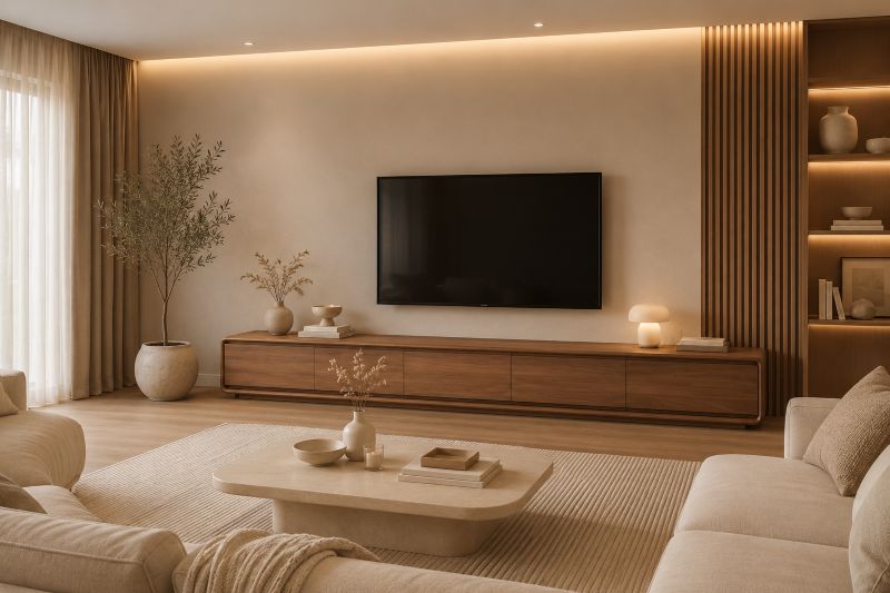 Minimalist Walnut Wood TV Console for beige tv wall ideas