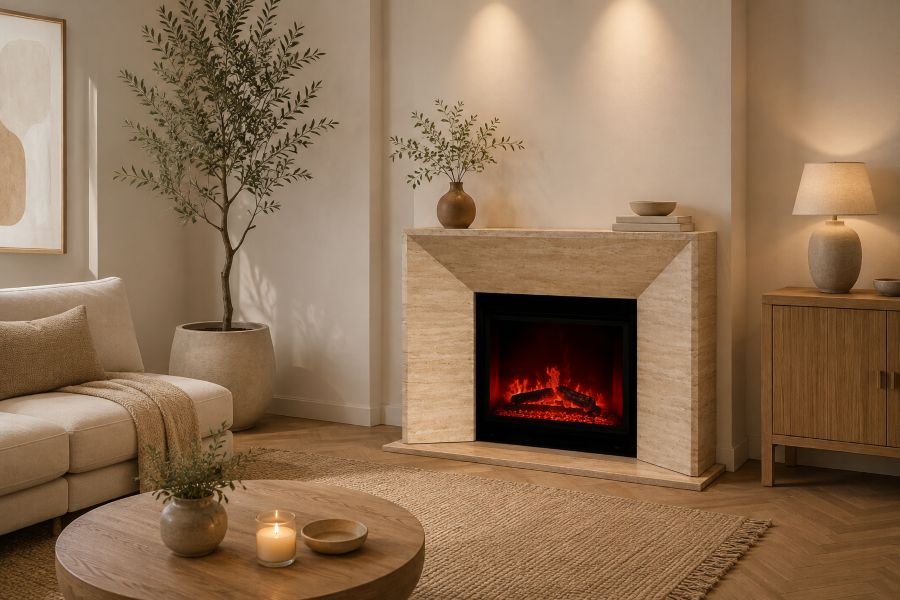 Modern beige travertine fireplace mantel