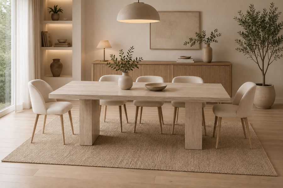 Modern travertine table for cozy and neutral interior