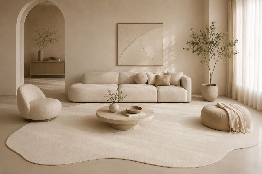 Organic freeform beige rug ideas for the living room decor