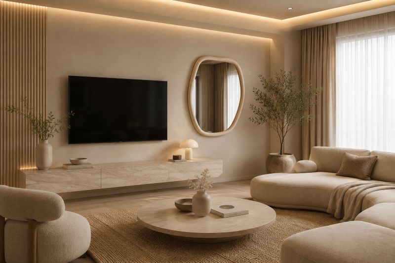 Organic oval wood-frame mirror beige living room