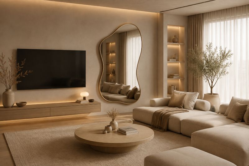 modern organic wavy mirror for modern beige living room