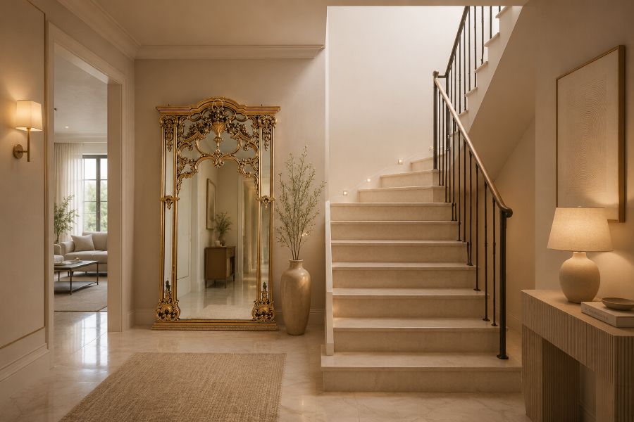 beige Staircase decor with an Ornate Gold Mirror
