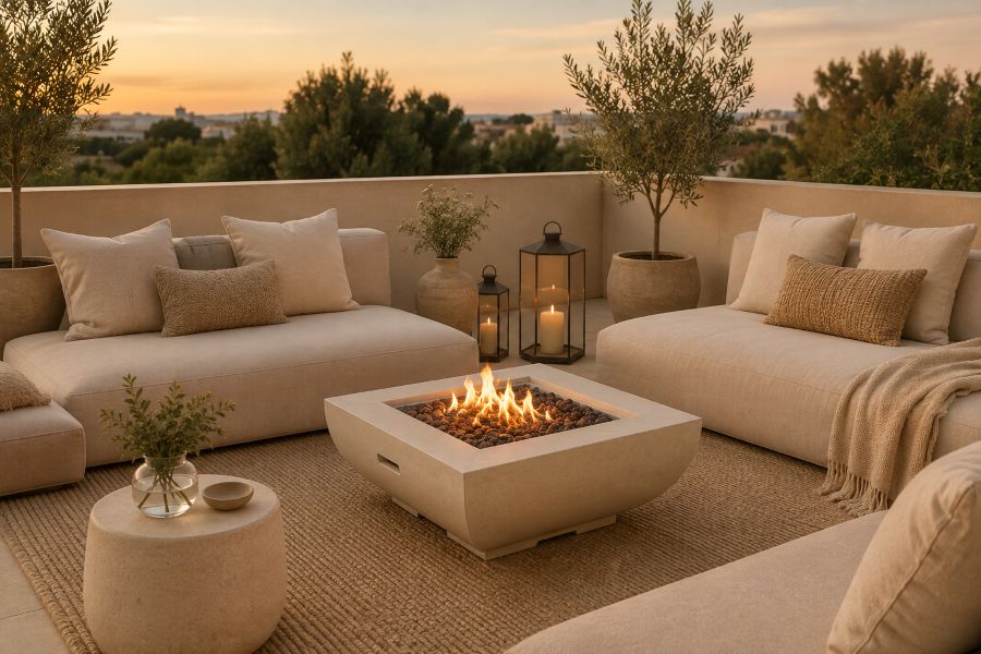 Modern beige fireplace pit lounge for outdoor seating