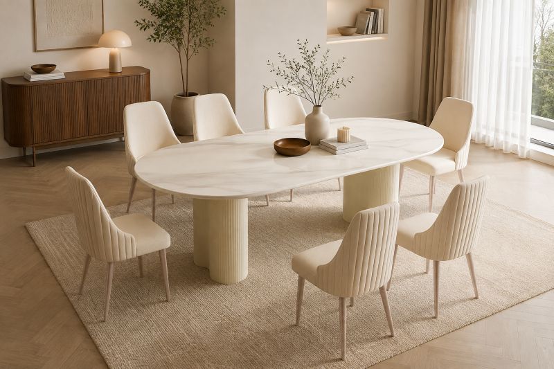 Oval Marble Dining Table with Channel-Tufted Chairs for beige interior