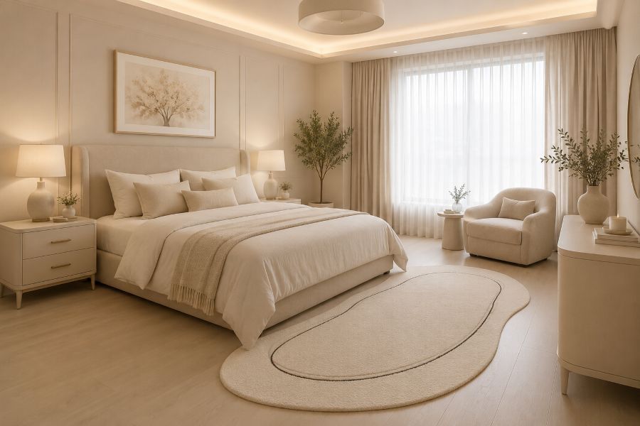 Oval outlined beige rug ideas for the bedroom and modern interior
