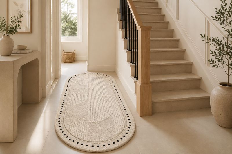 Oval runner rug with dotted border for the entryway decor
