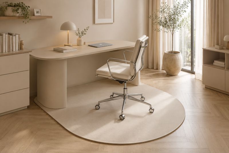 Oversized Beige Office Rug for a Rounded Desk Nook