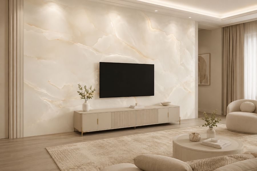 Onyx TV wall console with beige console and minimalist interior