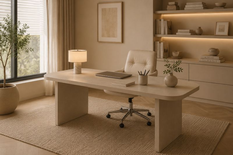 modern beige home office with panel leg desk and beige table lamp
