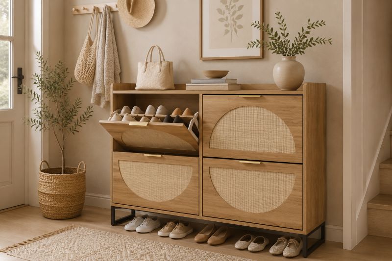 Rattan-Front Wooden Shoe Cabinet for modern storage 