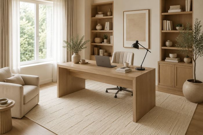 Ribbed Beige Rug Beneath a Solid Oak Desk for Modern Beige Home Office