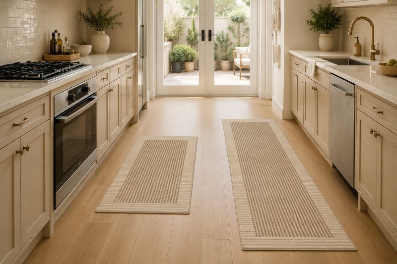 Runner rug for modern beige kitchen decor ideas