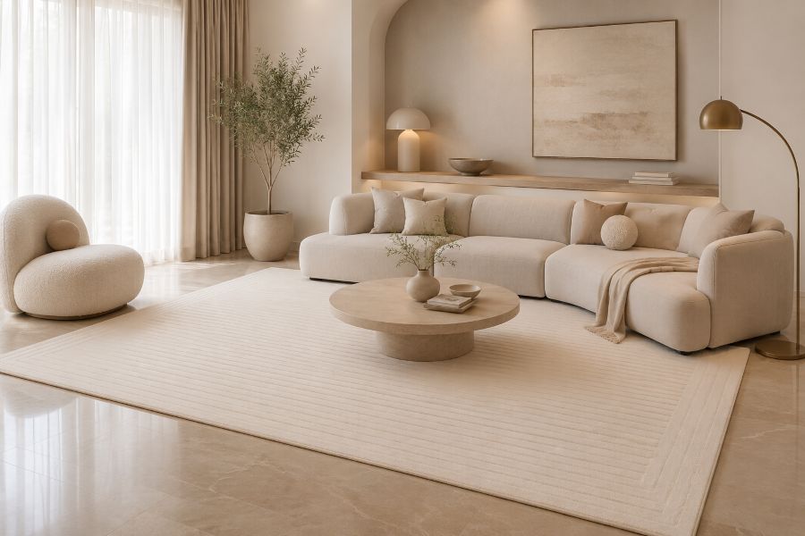 Ribbed border beige Rug ideas for the living room and modern luxury interior