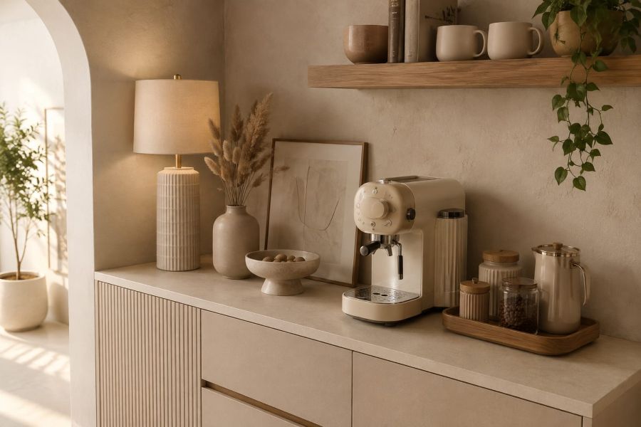 Cozy coffee station ideas with Ribbed Ceramic Table Lamp with Linen Shade